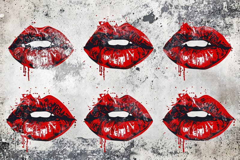 Contemporary Red Lips Artwork Dripping Lip Paint on Grunge Background