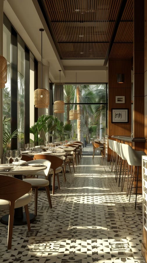 Contemporary restaurant design harmonizes with gastronomic pleasures, creating a memorable dining ambiance. royalty free stock photo