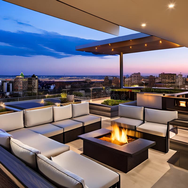 A Contemporary Rooftop Terrace with Comfortable Seating, a Fire Pit