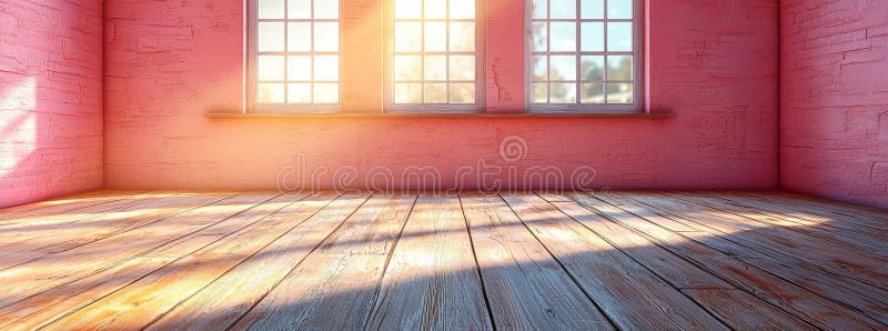 A contemporary-styled empty room corner with a wooden floor, depicted in a realistic render, includes a gobo effect royalty free illustration