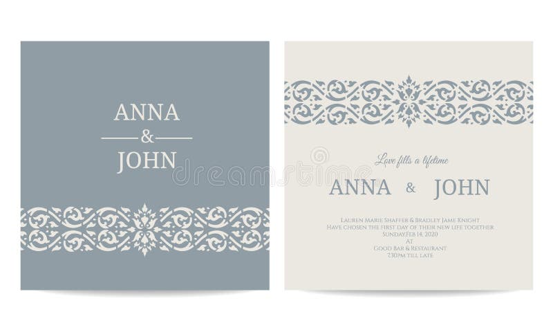 Contemporary Wedding Invitations card - line art gray blue tone vector design