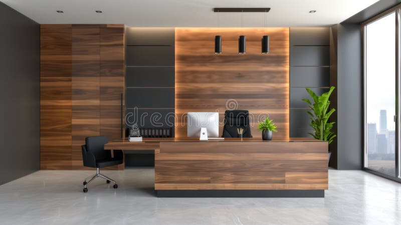 Contemporary Workspace with Panoramic View and PC Computer in Modern Business Interior royalty free illustration