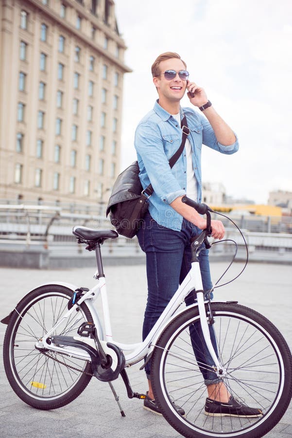 Contended man talking on the phone