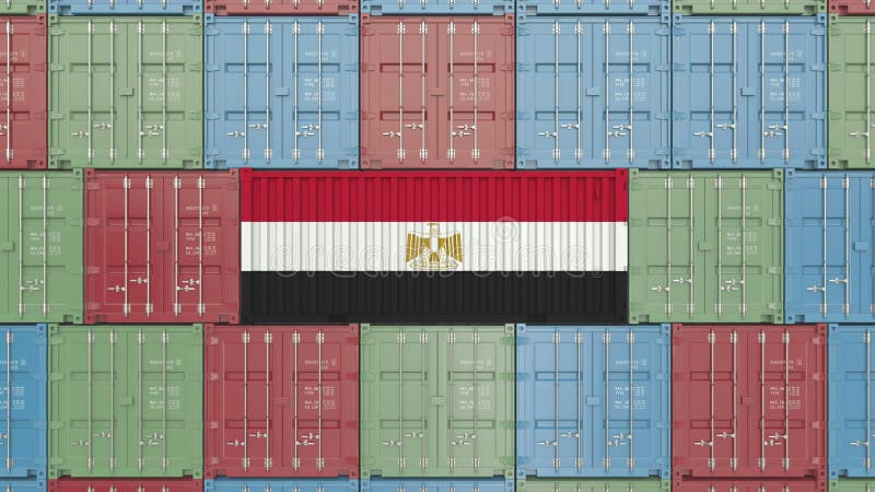Contenedor para mercancías con la bandera de Egipto Animación relacionada egipcia 3D de la importación o de la exportación