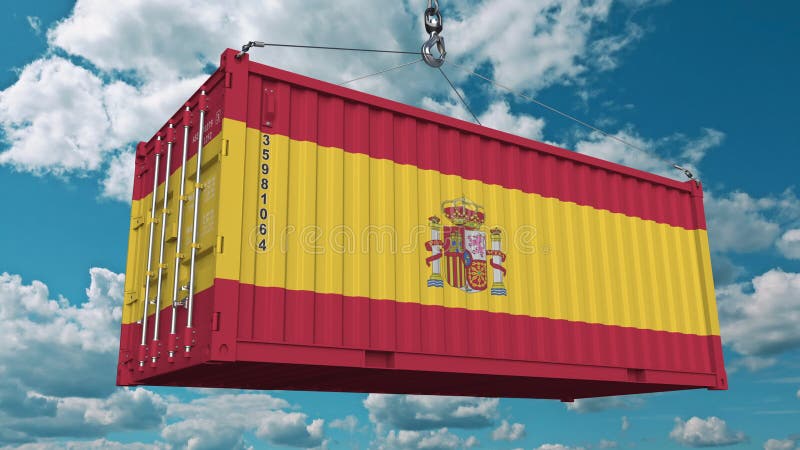 Contenedor para mercancías con la bandera de España Los españoles importan o exportan la animación conceptual relacionada 3D