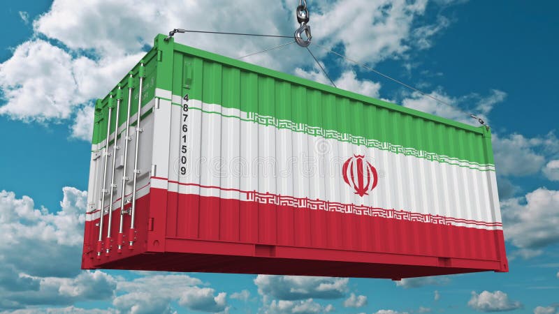 Contenedor para mercancías del cargamento con la bandera de Irán La importación o la exportación iraní relacionó la animación con