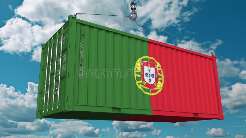 Contenedor para mercancías del cargamento con la bandera de Portugal Los portugueses importan o exportan la animación conceptual