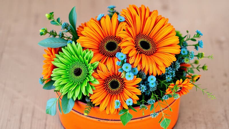Contenedor rústico de tinte naranja lleno de Gerberas coloridas Un arreglo floral de primavera para la decoración rústica del hoga ilustración del vector
