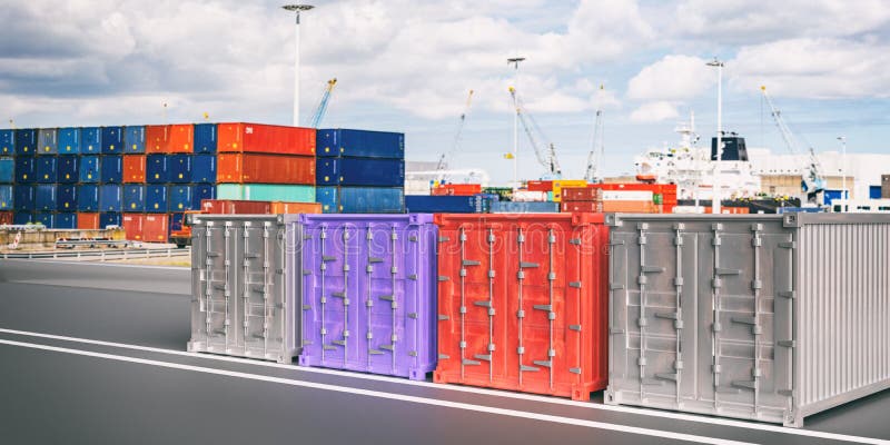 Conteneurs de cargaison, fond de port de tache floue Importations-exportations, concept de logistique illustration 3D illustration libre de droits Conteneurs de cargaison, fond de port de tache floue Importations-exportations, concept de logistique illustration 3D illustration libre de droits