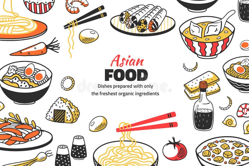 Contenitore di alimenti asiatici sketch della cucina cinese con zuppa di riso e salse per il menu del ristorante Mano del vettore illustrazione vettoriale Contenitore di alimenti asiatici sketch della cucina cinese con zuppa di riso e salse per il menu del ristorante Mano del vettore illustrazione vettoriale