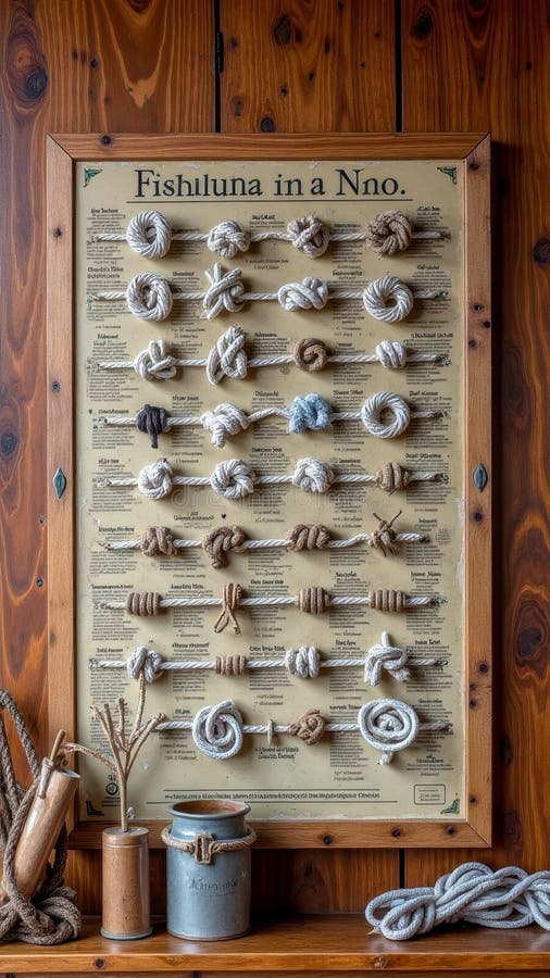 Contenitore di conchiglia di vintage su cartone di legno con vari tipi di funi e utensili nautici immagine stock libera da diritti