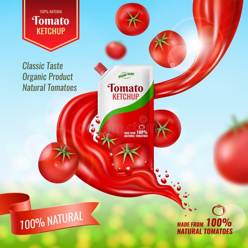 Contenitore di plastica con salsa per ketchup 3d. etichetta di pomodoro rosso organico prodotto alimentare pubblicità di frutta e illustrazione vettoriale