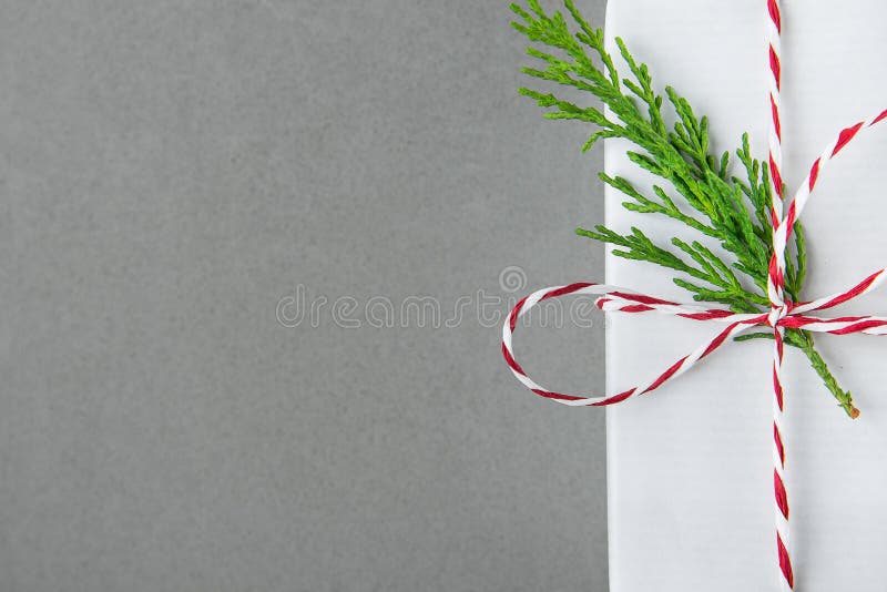 Contenitore di regalo bianco elegante legato con il ramoscello rosso del ginepro di verde del nastro Vendita di compera dei prese fotografie stock Contenitore di regalo bianco elegante legato con il ramoscello rosso del ginepro di verde del nastro Vendita di compera dei prese fotografie stock