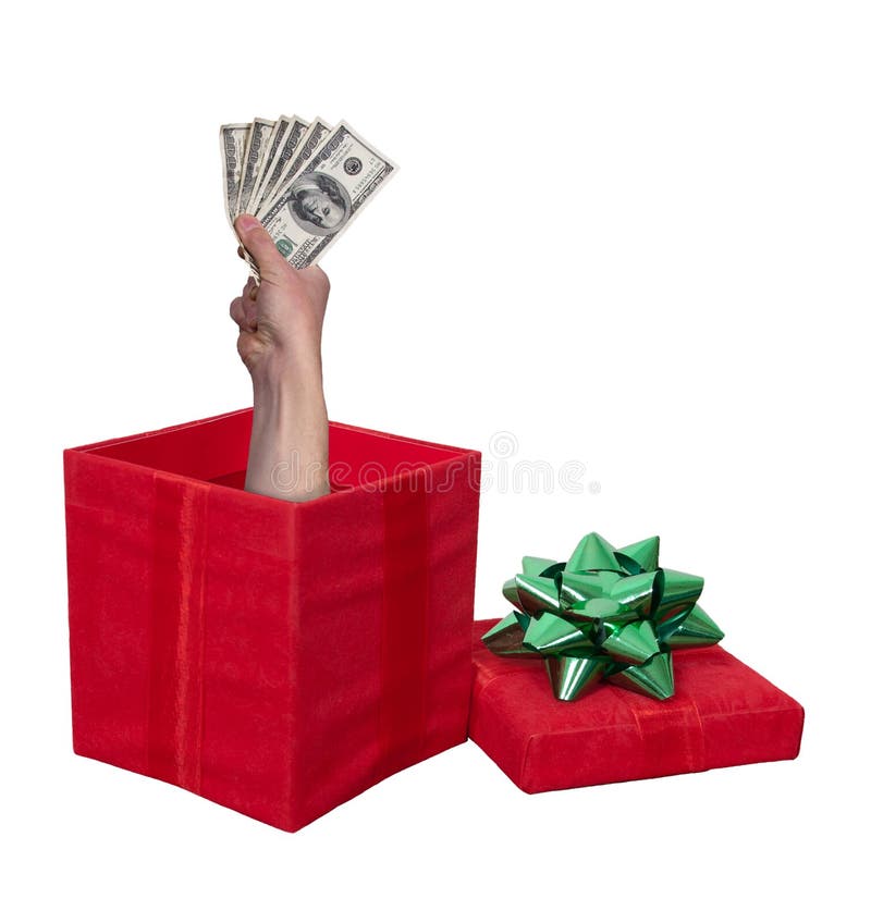 Contenitore di regalo del regalo di Natale dei contanti dei soldi isolato immagini stock libere da diritti Contenitore di regalo del regalo di Natale dei contanti dei soldi isolato immagini stock libere da diritti