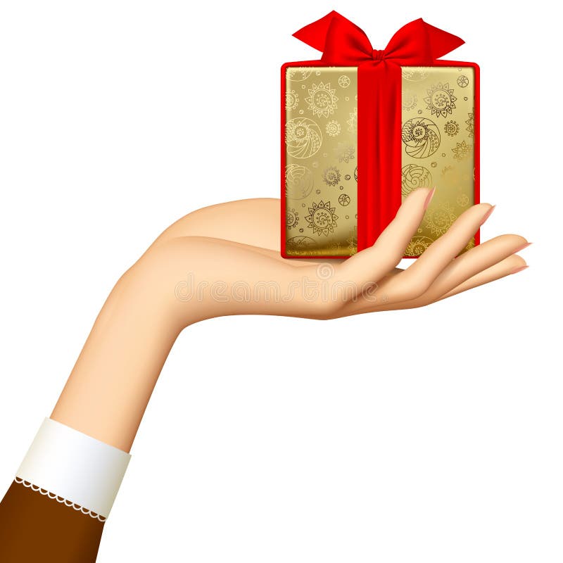 Contenitore di regalo dell'oro della tenuta della mano del ` s della donna con il nastro rosso isolato su w illustrazione di stock Contenitore di regalo dell'oro della tenuta della mano del ` s della donna con il nastro rosso isolato su w illustrazione di stock
