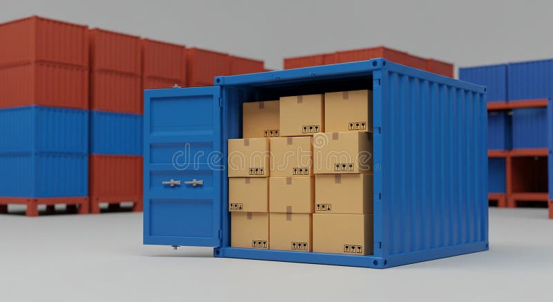 Contenitore di trasporto blu con porte aperte, rivelatore di cartone perfettamente impilato illustrazione di stock