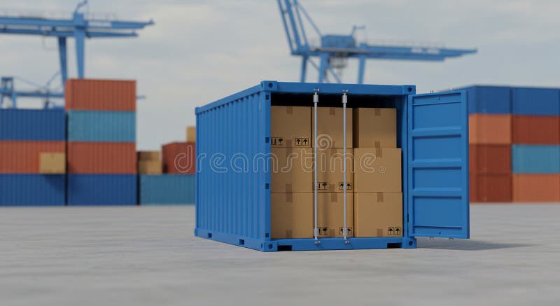 Contenitore di trasporto blu parzialmente aperto per rivelare scatole di cartone impilate all'interno illustrazione di stock