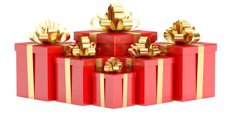 Contenitori di regalo rossi con l'arco ed il nastro dorati, rappresentazione 3D illustrazione vettoriale Contenitori di regalo rossi con l'arco ed il nastro dorati, rappresentazione 3D illustrazione vettoriale