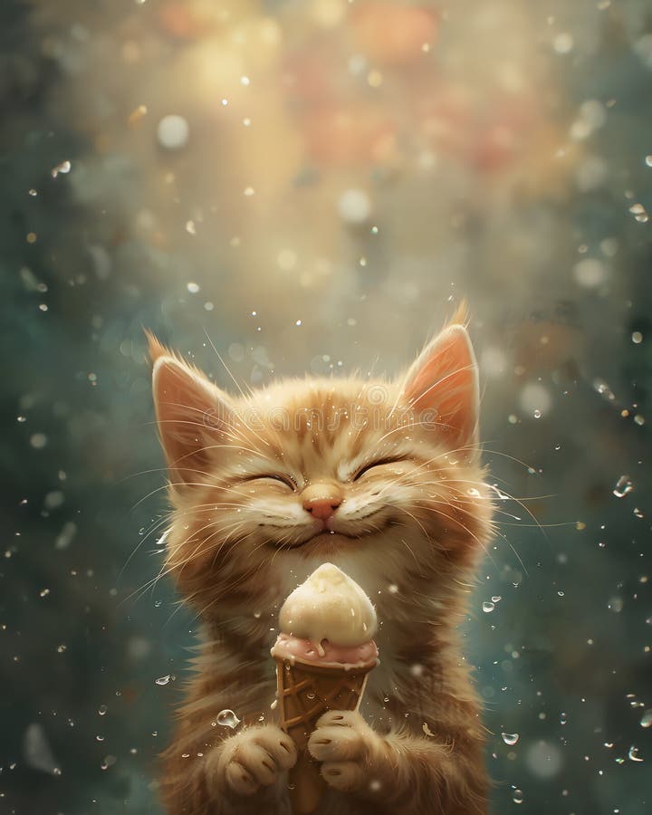 Content Cat Holding Ice Cream Cone. Generative AI Stock Illustration