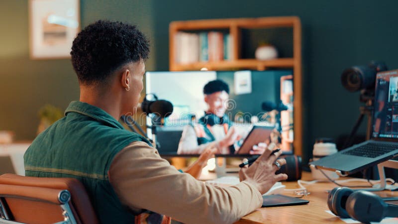 Content creator, computer screen and man recording, broadcast or video editing tutorial. Influencer, camera and laptop for live streaming guide, back or podcast for production tips with mic in home. Computer editing stock images, royalty-free photos and pictures