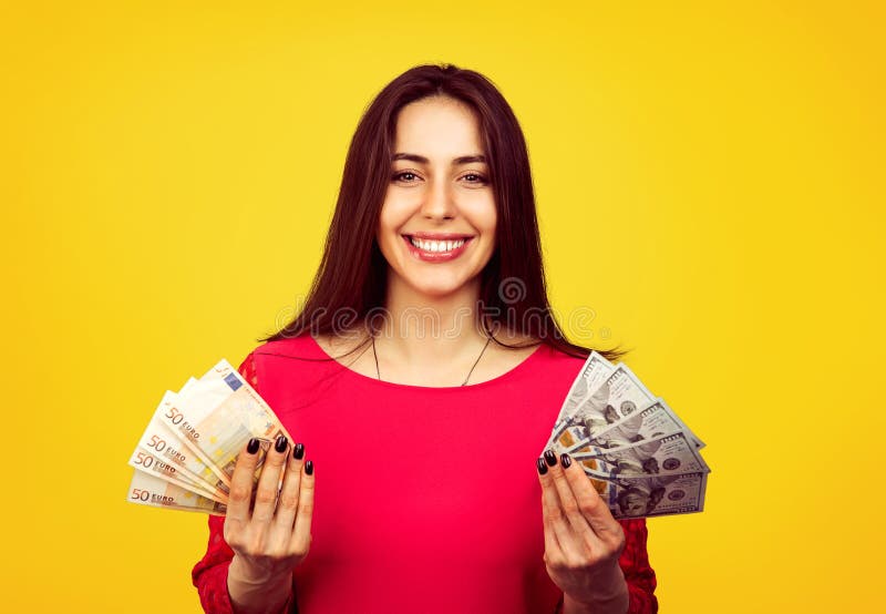 Content girl with piles of money royalty free stock image Content girl with piles of money royalty free stock image