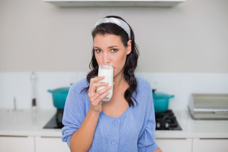 Content Gorgeous Model Drinking Milk Stock Photo - Image of homey ...