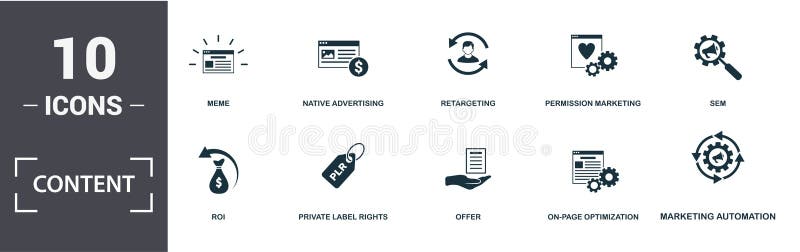 Content icon set. Contain filled flat members only, meme, on-page optimization, pagerank, responsive web design, retargeting vector illustration