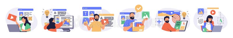 Content manager concept set with characters in flat design for web. People filling sites with images and graphics stock illustration