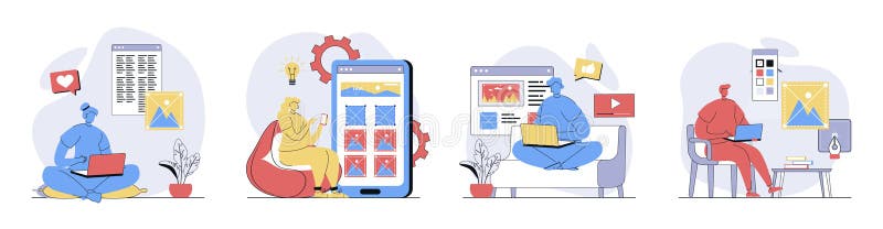 Content manager concept set in flat design for web. Collection with people creating photos and images for webpage royalty free illustration