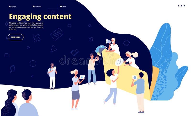 Content marketing. Blog writing, promotional article text creating strategy. Ad copywriter service landing page vector stock illustration Content marketing. Blog writing, promotional article text creating strategy. Ad copywriter service landing page vector stock illustration