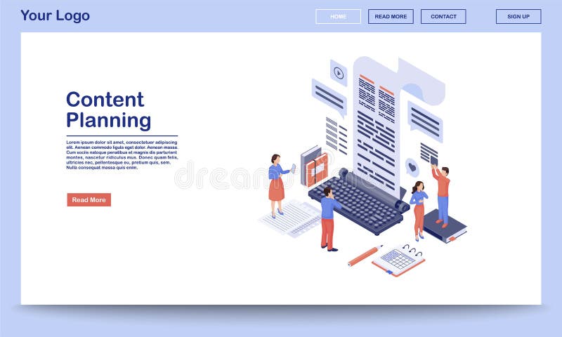 Content planning & management landing page template. Copywriting, blogging website interface with flat illustrations. SMM, digital stock illustration Content planning & management landing page template. Copywriting, blogging website interface with flat illustrations. SMM, digital stock illustration