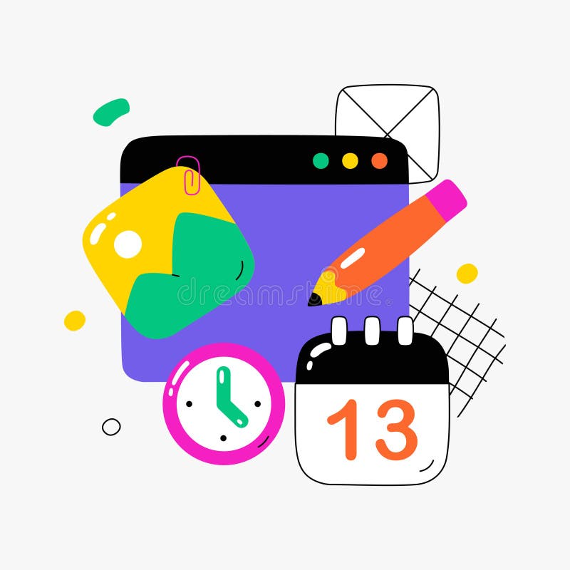 Content planning tools including calendar, clock, and office supplies for scheduling and organization. Flat vector royalty free illustration
