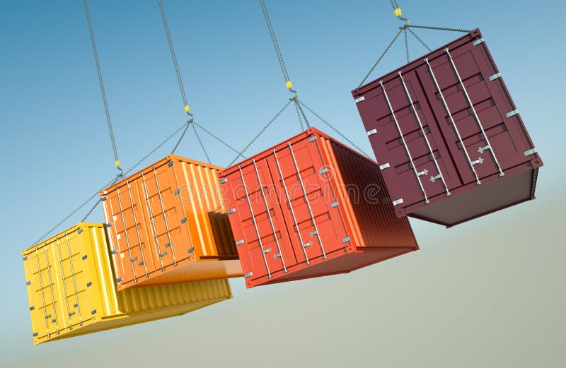 Four shipping containers during transport. 3D rendered image. Four shipping containers during transport. 3D rendered image.
