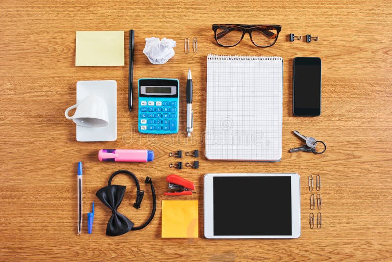 The contents of a business workspace organized and composed.