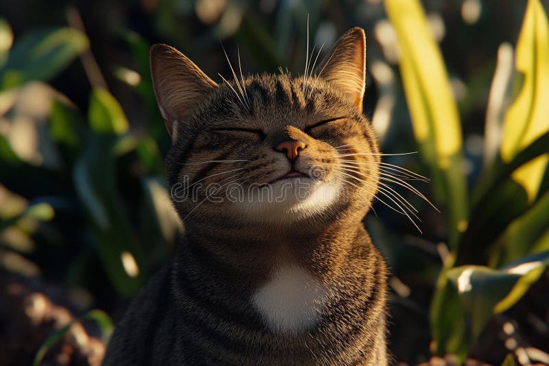 Contenu Cat Basking dans le soleil chaud sur un après-midi paisible Génération d'IA. Un chat tabby ludique piétine avec délice tout en absorbant les rayons dorés du soleil dans un jardin serein entouré de plantes vertes luxuriantes. Son expression de contenu transmet une félicité pure