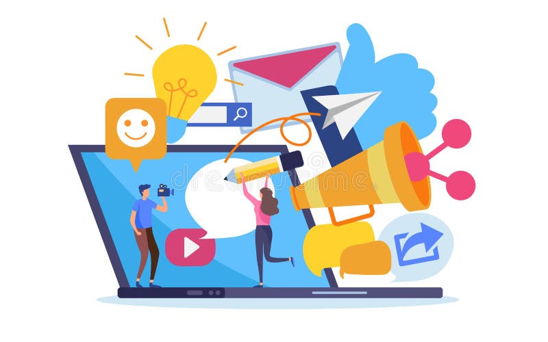 Contenu social de marketing en ligne de réseau Graphique de vecteur d'illustration de bande dessinée Contenu social de marketing en ligne de réseau Graphique de vecteur d'illustration de bande dessinée