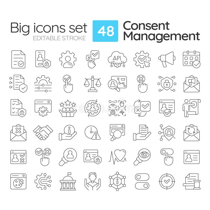 Contest management line icons set. System protecting user data online. Personal information security. Isolated vector outline illustrations. Thin lineart iconset symbols. Editable stroke. User consent vectors