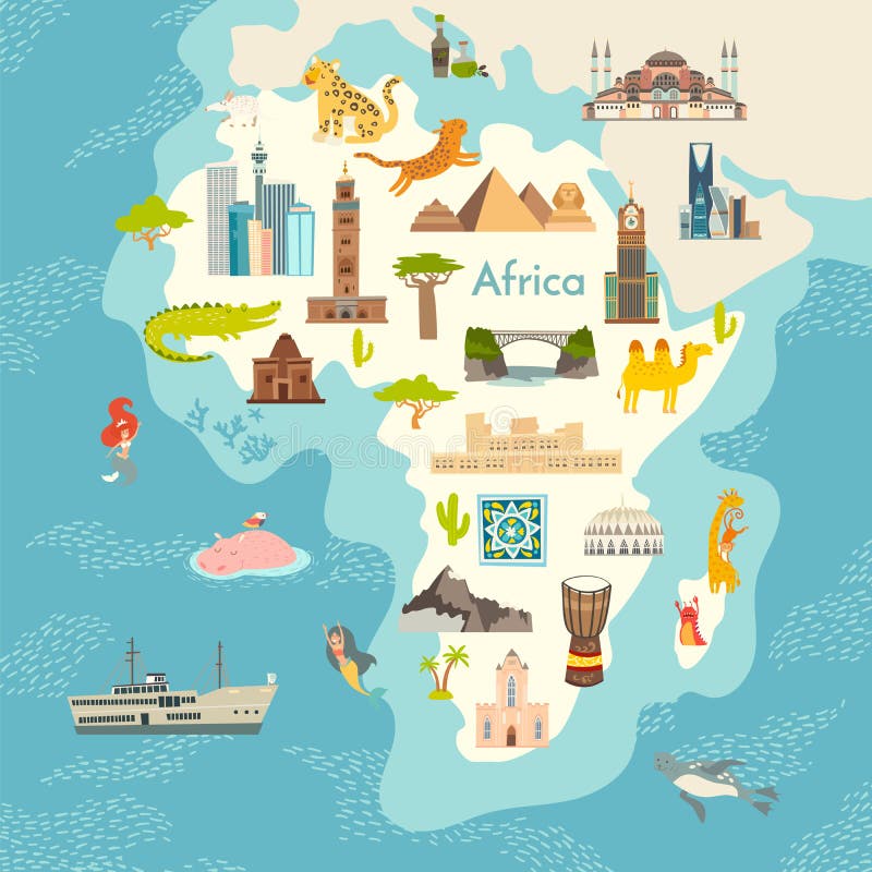 Continente dell'Africa, mappa di mondo con l'illustrazione del fumetto di vettore dei punti di riferimento