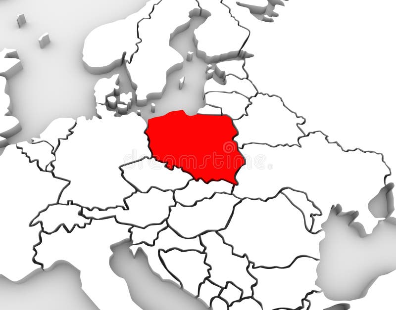 An abstract 3d map of Europe and the northern and eastern region with Poland highlighted in red and surrounding countries Germany and others. An abstract 3d map of Europe and the northern and eastern region with Poland highlighted in red and surrounding countries Germany and others