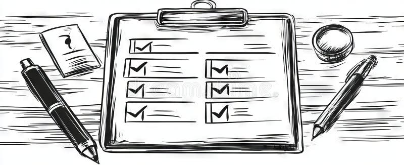 Continually drawn clipboard with checklist and pen concept for test expertise and exam. Editable stroke. Doodle modern. Paper clip check mark icon doodle illustration stock images, royalty-free photos and pictures