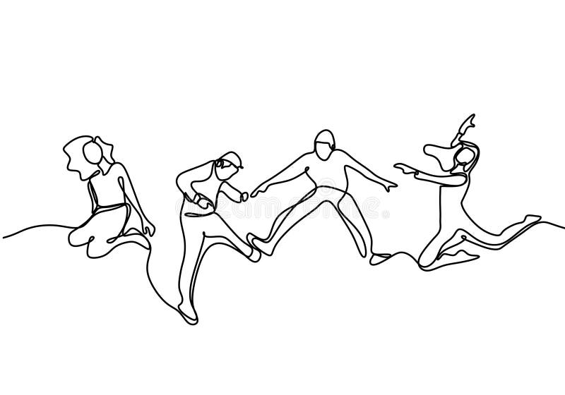 Continue one line tekening van groep vier mensen springen gelukkig moment vrouwen en mannen geïsoleerd op witte achtergrond