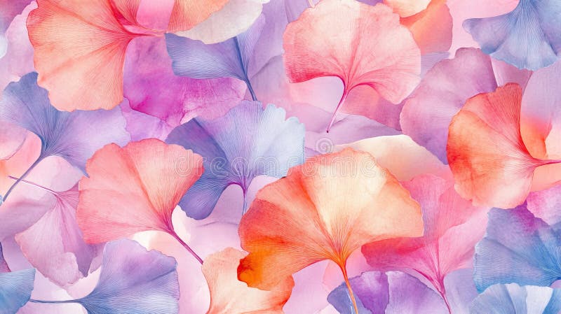 Continuous botanical leaf stencil outline on an abstract watercolor floral background. Abstract poppy flower seamless stock photos