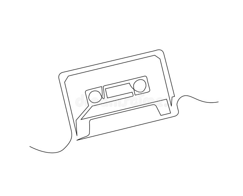 Continuous line art of cassette tape ribbon. Outline drawing of music device. Sketch cassette tape one line vector illustration
