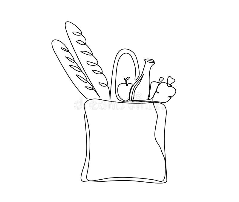 One single line drawing of fresh paper grocery bag contain milk