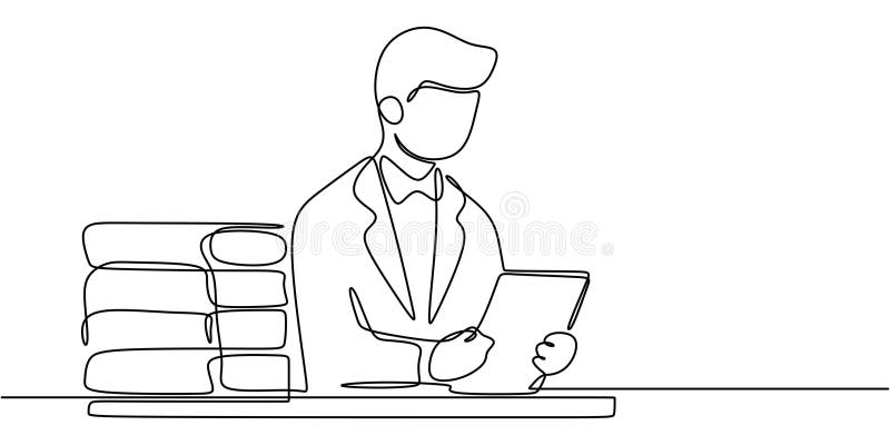 Continuous line art of a person working at a desk with documents. Represents organization, strategy, or project planning stock illustration