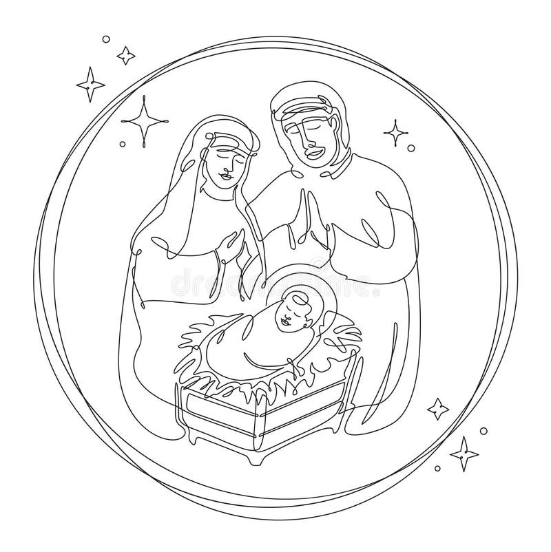 continuous line drawing birth jesus christ holy family figures mary joseph baby template greeting cards vector 195697320