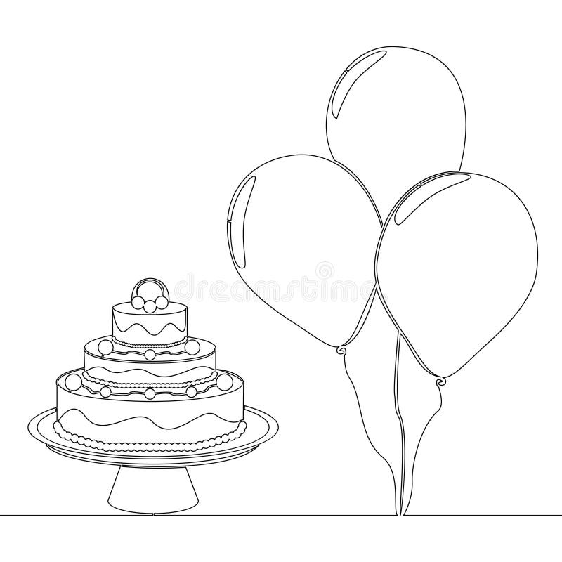 Continuous Line Drawing Birthday Cake and Balloons Celebration Icon