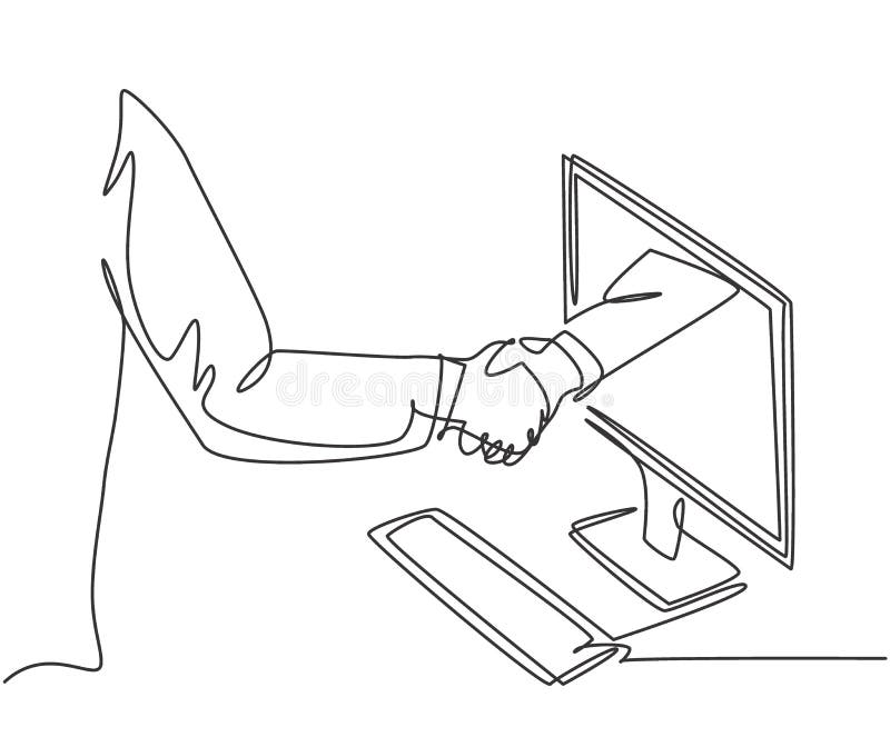 Continuous line drawing of business men shaking hand to deal a project. Hand come out from computer monitor screen. Digital online stock illustration