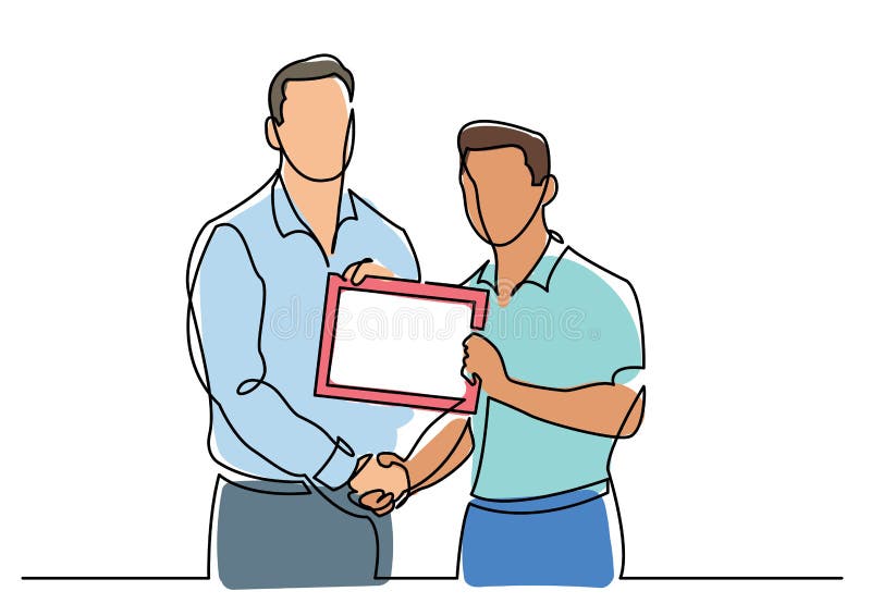 Continuous line drawing of businessman congratulates another with certificate royalty free illustration