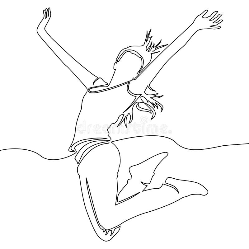 Continuous line drawing of cheering jumping woman